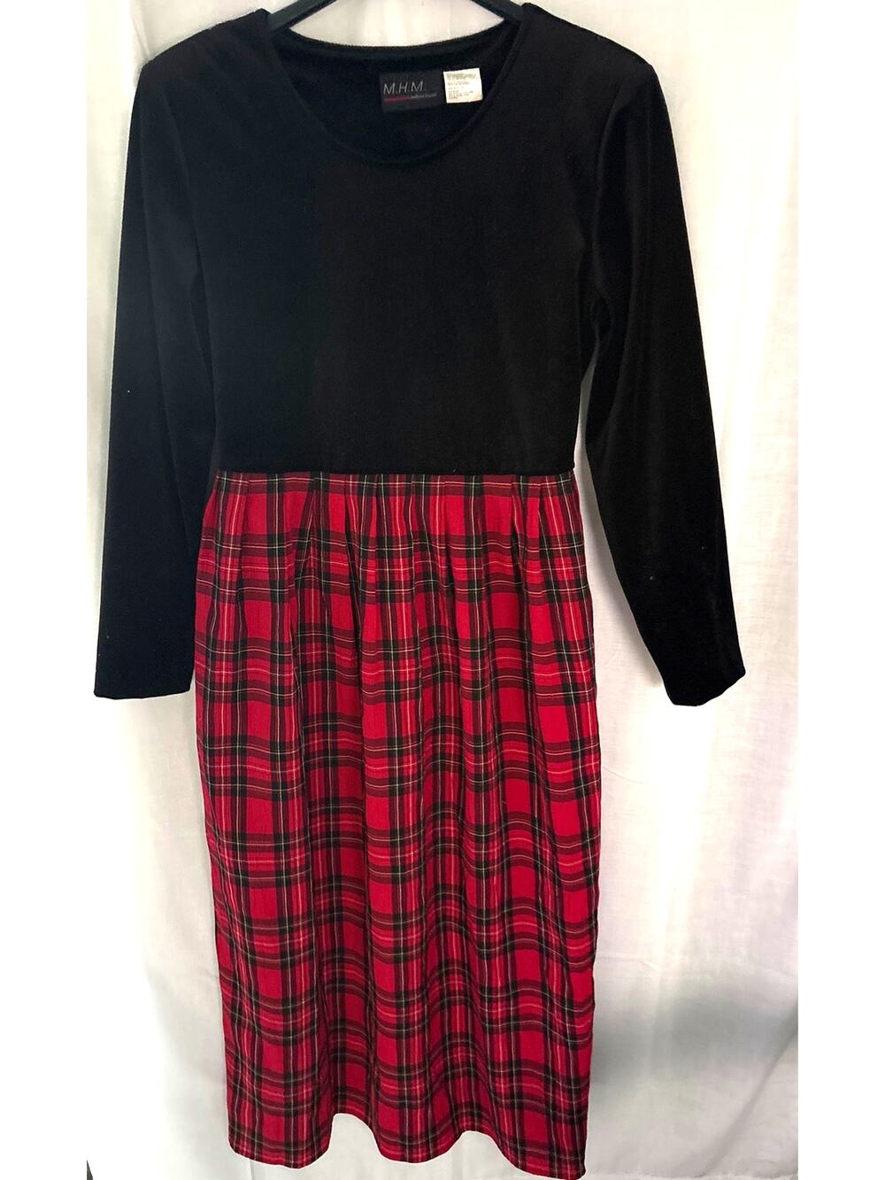 M.H.M. Melissa Harper Vintage 90s Velvet Gathered Tartan Plaid Dress 12